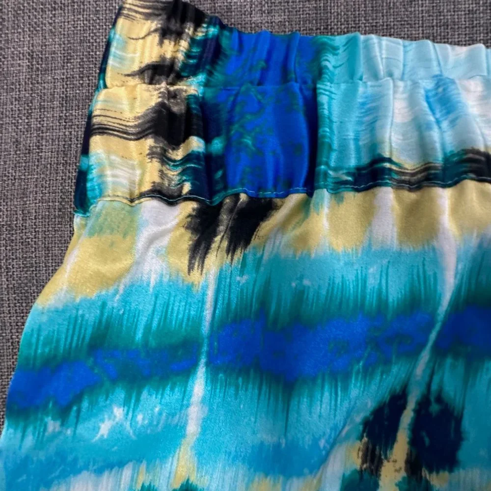 Banana Republic Silk Skirt Pullover Elastic Waist Sz 14 Yellow Blue White Pocket